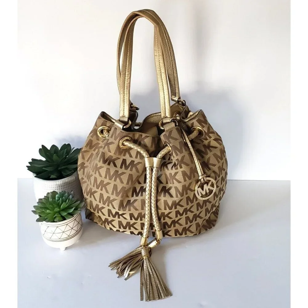 Michael Kors Jet Set Large Signature Gathered Hobo Satchel Tote Gold and Brown